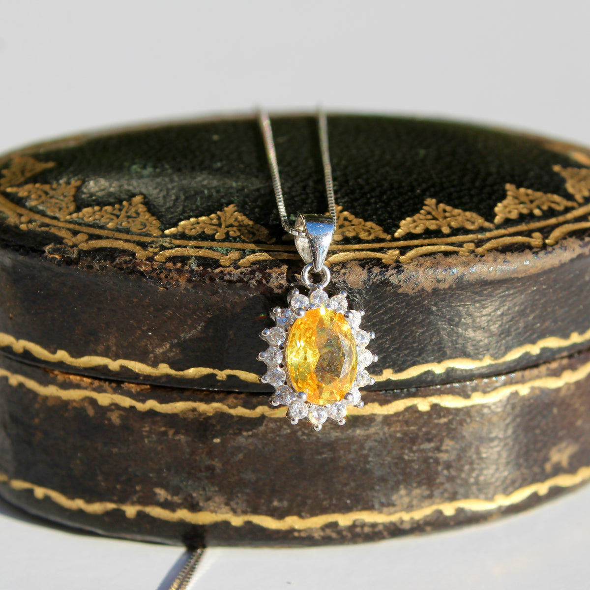 Citrine & White Sapphire Halo Pendant Necklace, 1 Carat 925 Sterling Silver