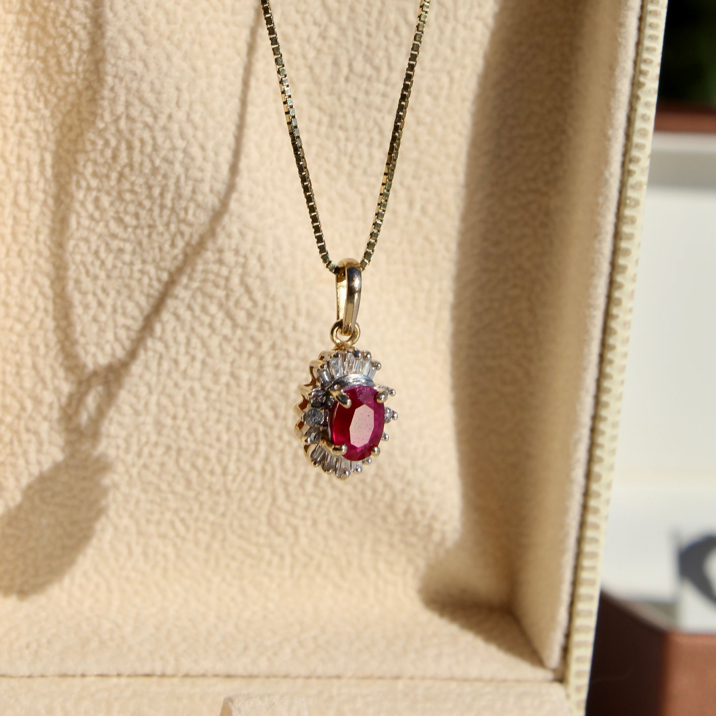Antique Ruby & Diamond Halo Necklace, 1.53 Carats 14K Gold