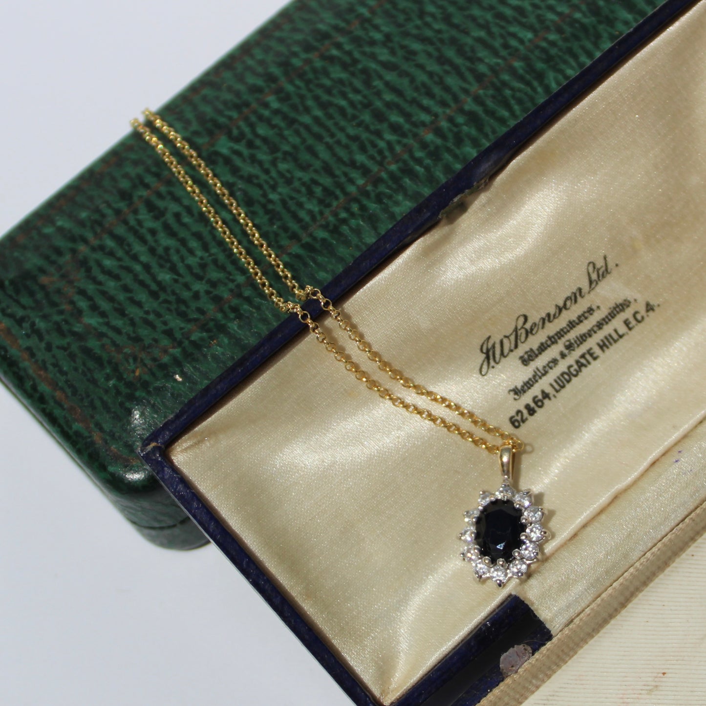 Antique Noir Sapphire & White Topaz Halo Pendant Necklace, 2.32 Carats 9K Gold