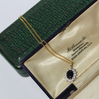 Antique Noir Sapphire & White Topaz Halo Pendant Necklace, 2.32 Carats 9K Gold