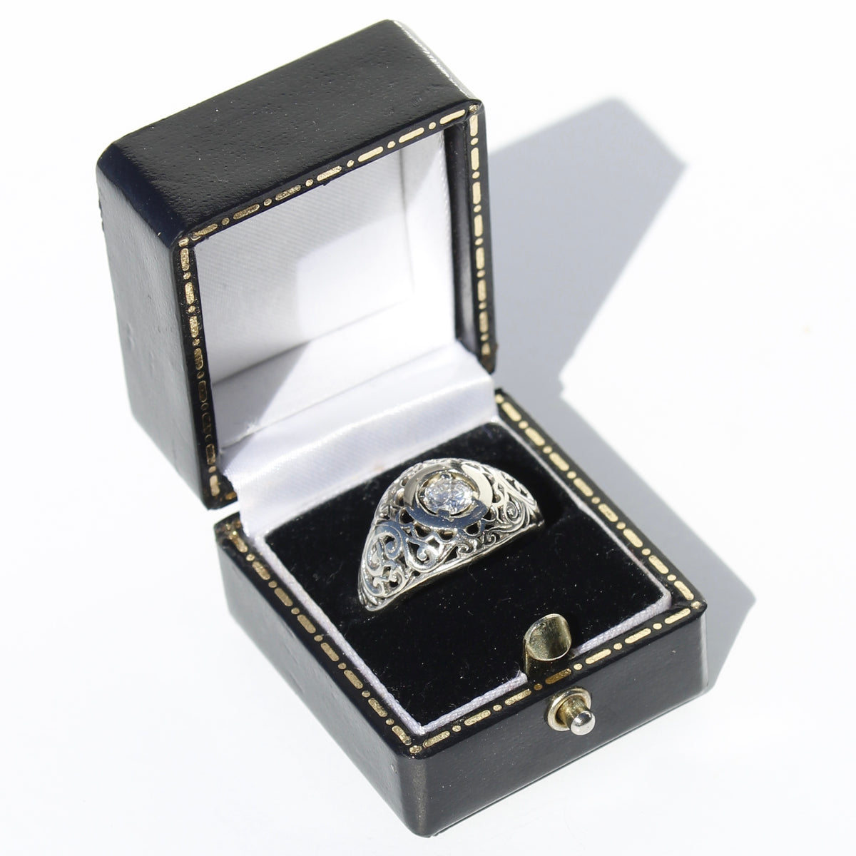 Art Deco Old European Cut Diamond Filigree Ring, 0.646 Carats 18K White Gold