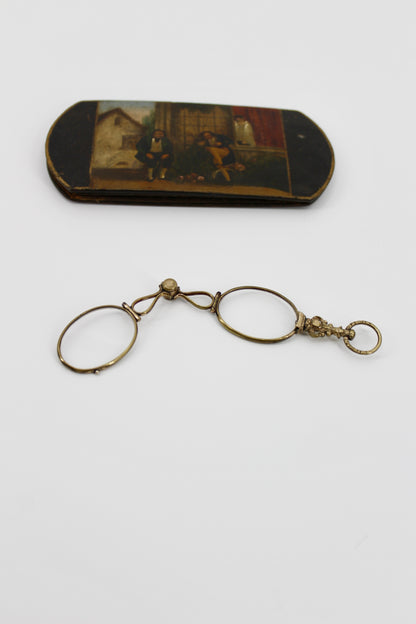 Victorian Lorgnette Folding Spectacles (Gold Vermeil, Hand-Painted Case)