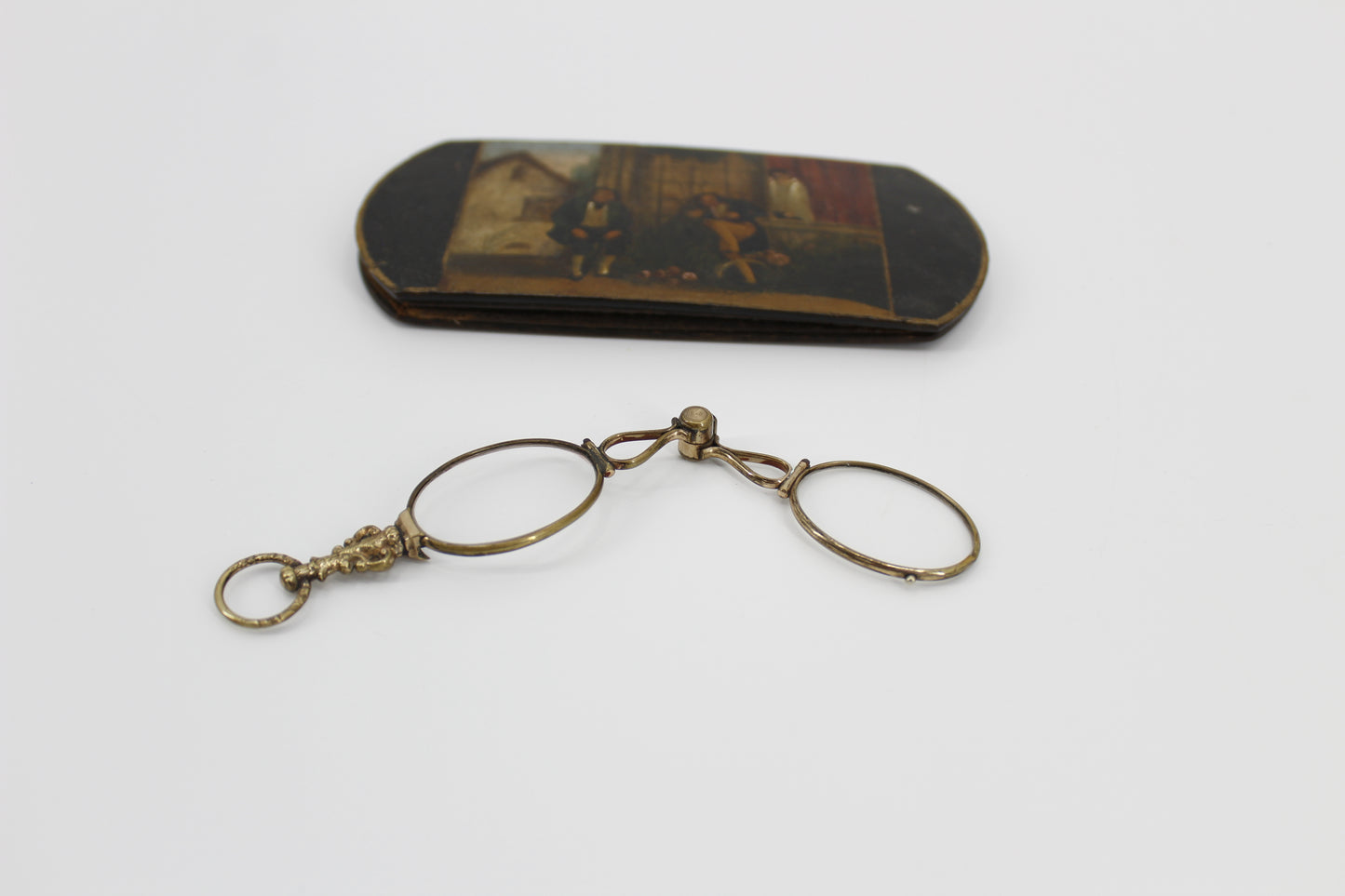 Victorian Lorgnette Folding Spectacles (Gold Vermeil, Hand-Painted Case)