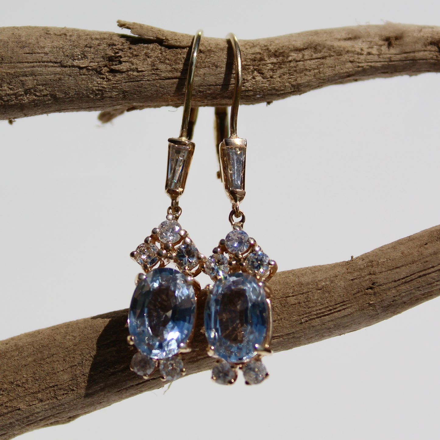 Antique Aquamarine & Diamond Drop Earrings, 3.78 Carats 14K Gold