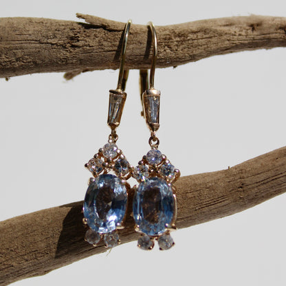 Antique Aquamarine & Diamond Drop Earrings, 3.78 Carats 14K Gold