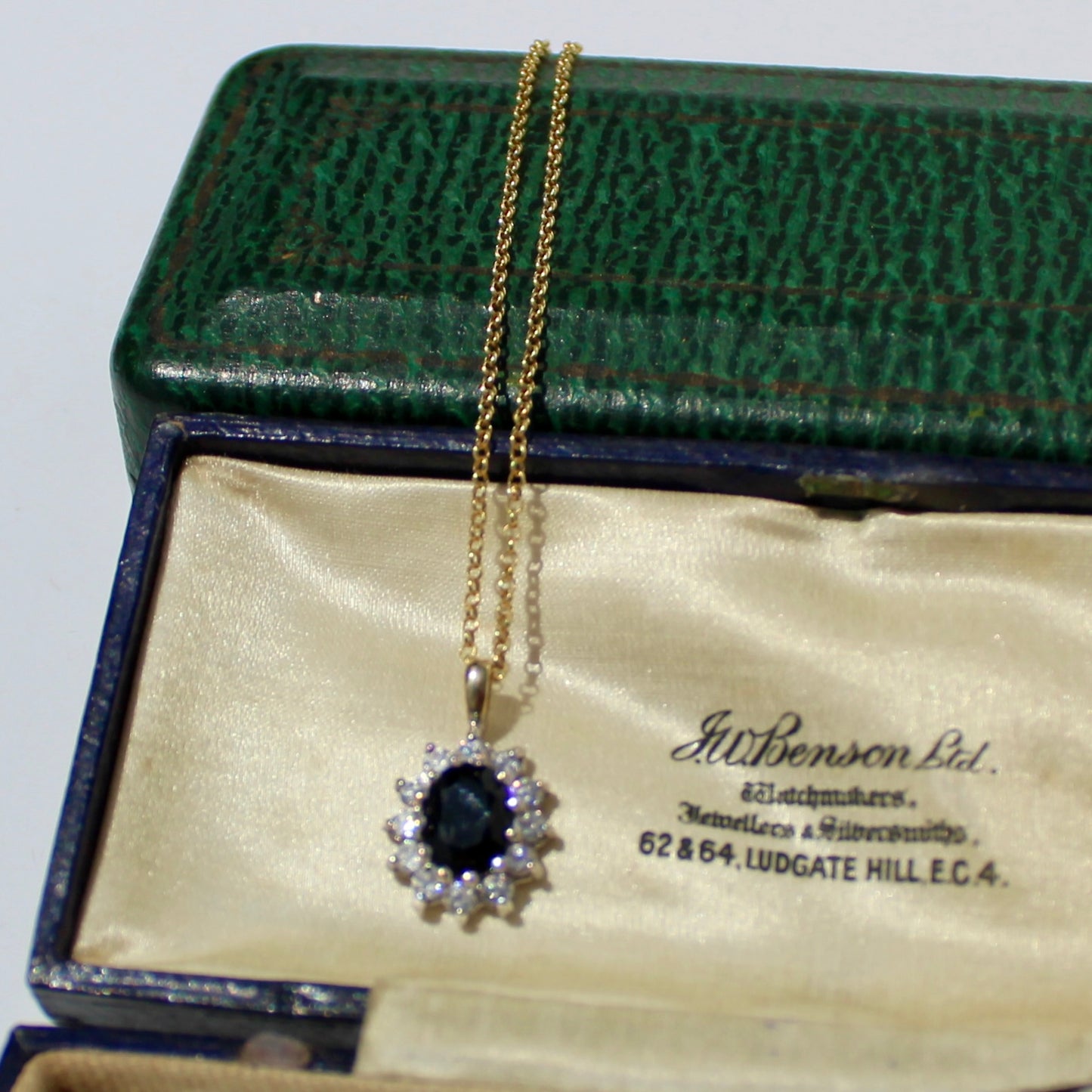 Antique Noir Sapphire & White Topaz Halo Pendant Necklace, 2.32 Carats 9K Gold
