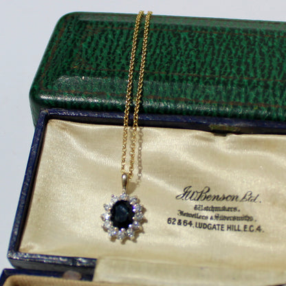 Antique Noir Sapphire & White Topaz Halo Pendant Necklace, 2.32 Carats 9K Gold