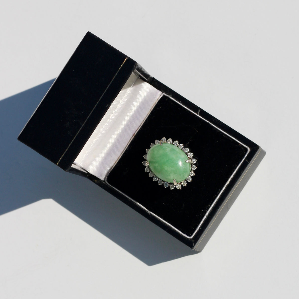 Jade Cabochon & Diamond Halo Ring, 14.13 Carats 14K Gold