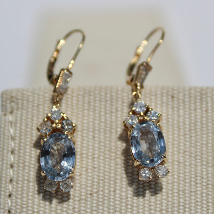 Antique Aquamarine & Diamond Drop Earrings, 3.78 Carats 14K Gold