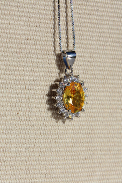 Citrine & White Sapphire Halo Pendant Necklace, 1 Carat 925 Sterling Silver