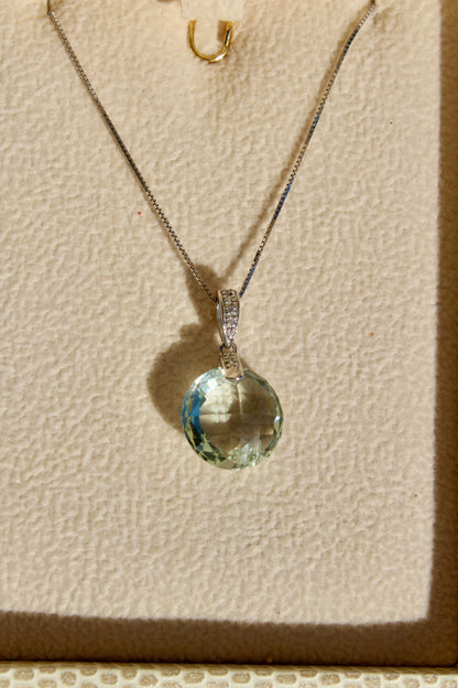 Prasiolite & Diamond Necklace, 7 Carats 14K White Gold