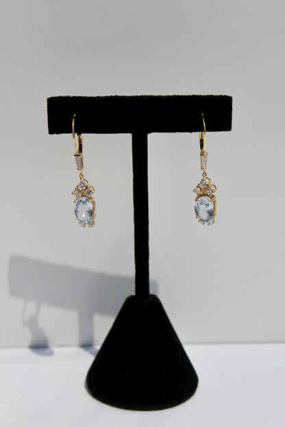 Antique Aquamarine & Diamond Drop Earrings, 3.78 Carats 14K Gold