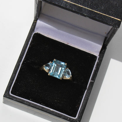 Blue Topaz & Aquamarine Trilogy Ring, 4.77 Carats 9K Gold