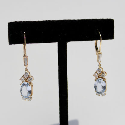 Antique Aquamarine & Diamond Drop Earrings, 3.78 Carats 14K Gold