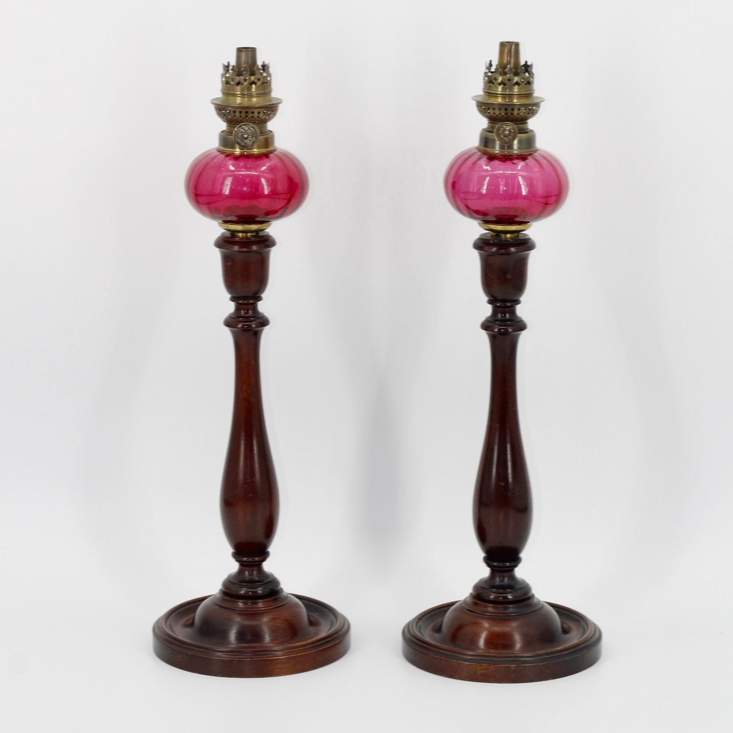 Imperial Russian Red-Font Mahogany Peg Lamp Pair