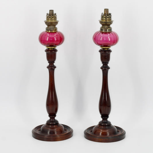 Imperial Russian Red-Font Mahogany Peg Lamp Pair