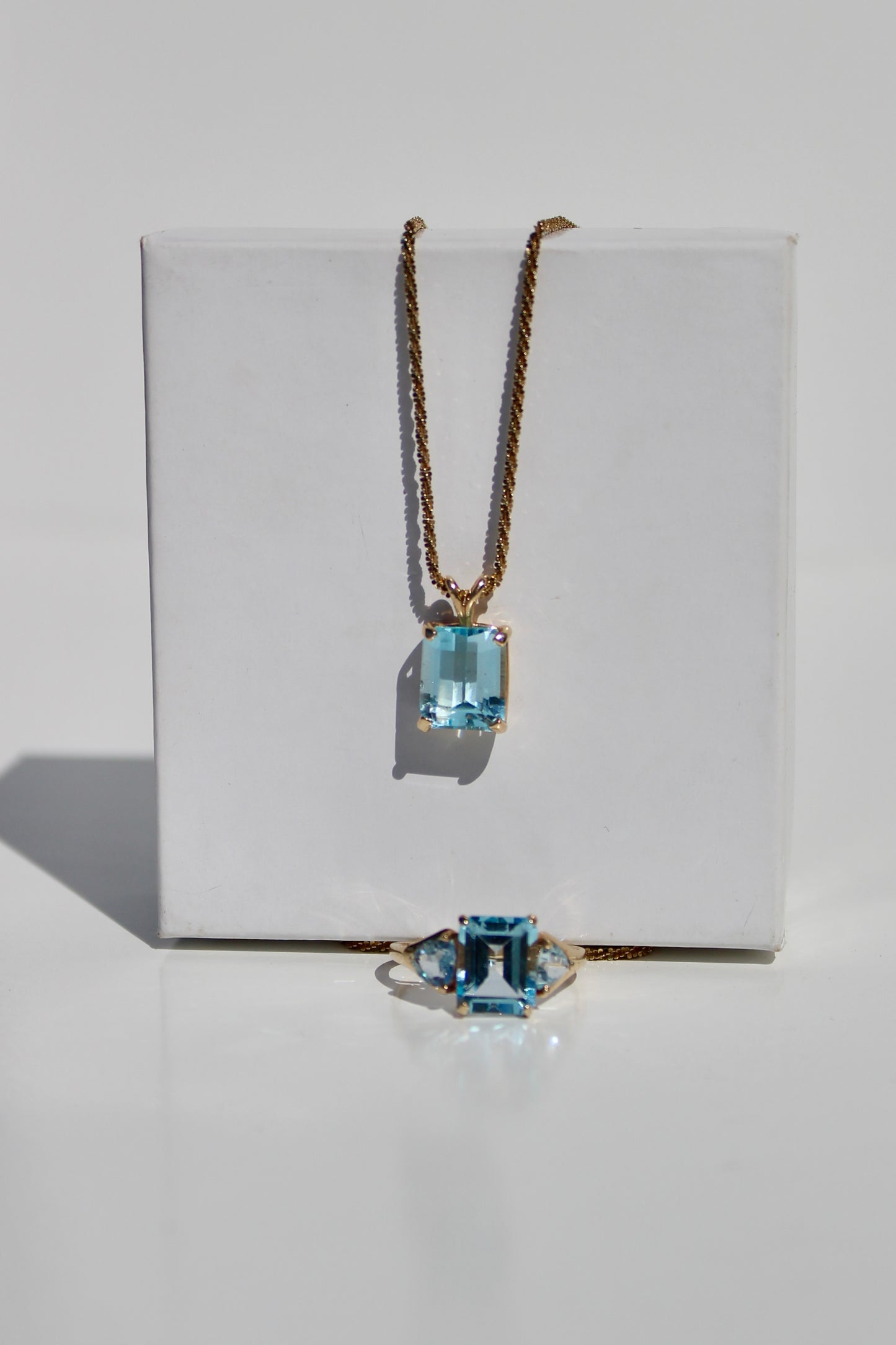 Emerald-Cut Blue Topaz Set w/ Aquamarine, 9.1 Carats 10K & 14K Gold