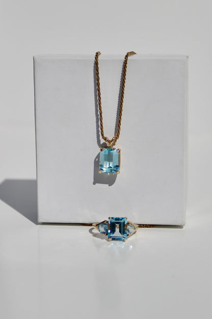 Emerald-Cut Blue Topaz Set w/ Aquamarine, 9.1 Carats 10K & 14K Gold