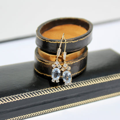 Antique Aquamarine & Diamond Drop Earrings, 3.78 Carats 14K Gold