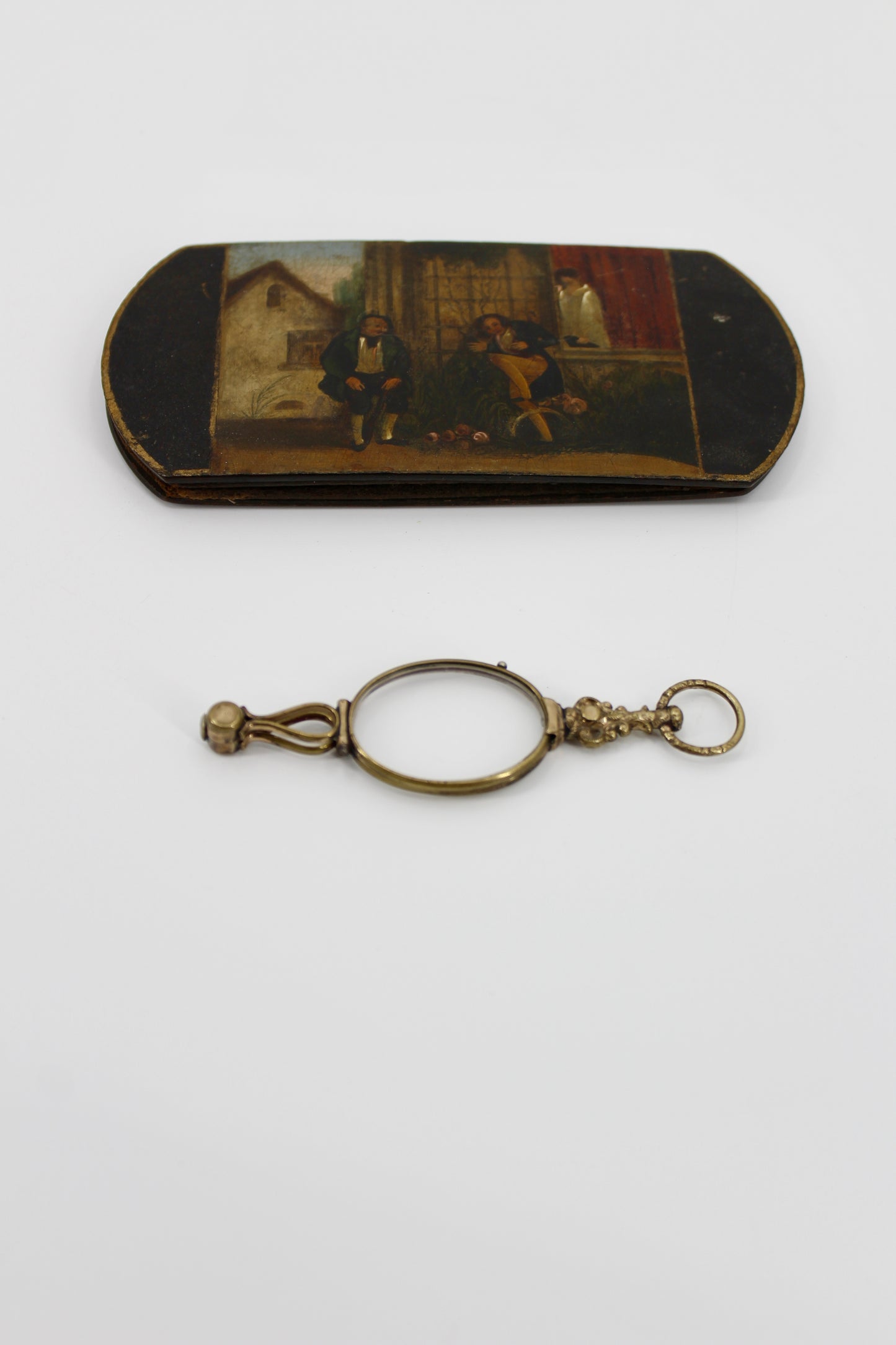 Victorian Lorgnette Folding Spectacles (Gold Vermeil, Hand-Painted Case)
