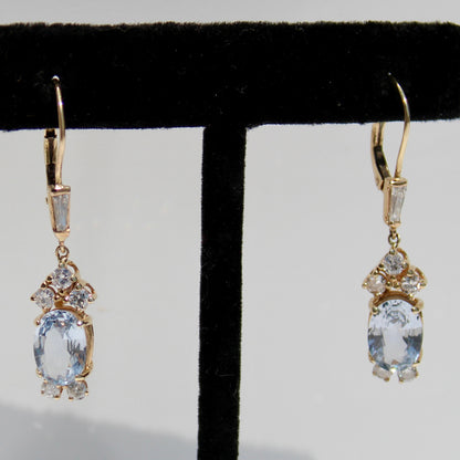 Antique Aquamarine & Diamond Drop Earrings, 3.78 Carats 14K Gold