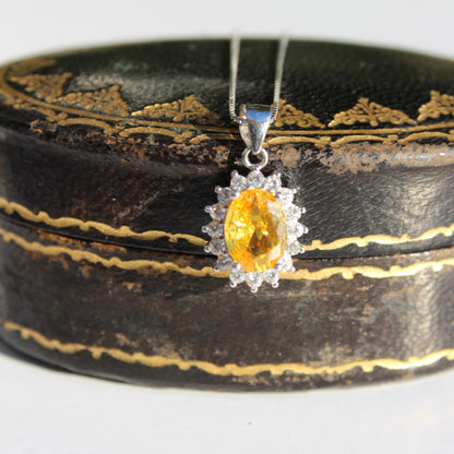 Citrine & White Sapphire Halo Pendant Necklace, 1 Carat 925 Sterling Silver
