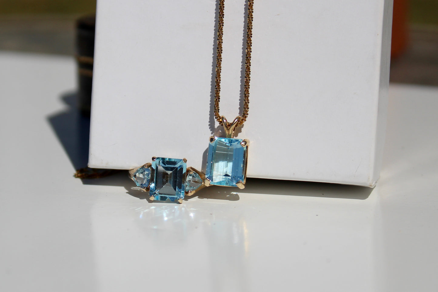 Emerald-Cut Blue Topaz Set w/ Aquamarine, 9.1 Carats 10K & 14K Gold