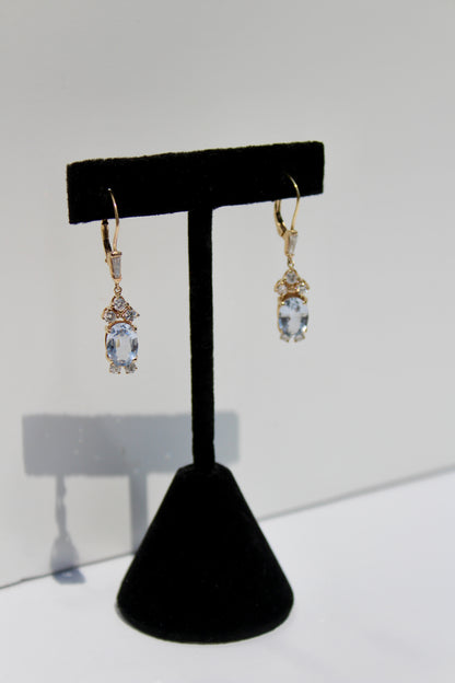Antique Aquamarine & Diamond Drop Earrings, 3.78 Carats 14K Gold