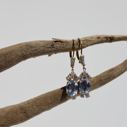 Antique Aquamarine & Diamond Drop Earrings, 3.78 Carats 14K Gold