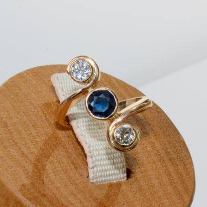 Antique Sapphire & Diamond Trilogy Ring, 1.35 Carats 18K Gold