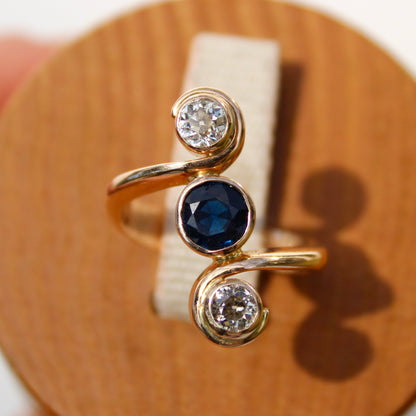 Antique Sapphire & Diamond Trilogy Ring, 1.35 Carats 18K Gold