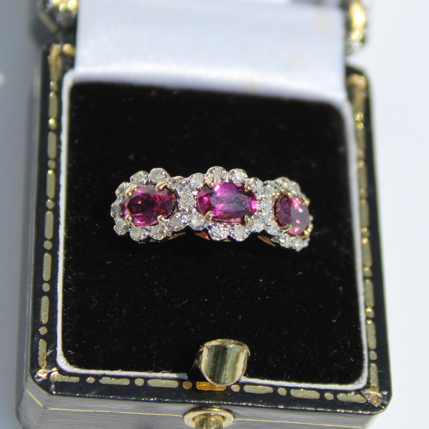 Rhodolite & Diamond Trilogy Halo Ring, 1.98 Carats 14K Two-Toned Gold