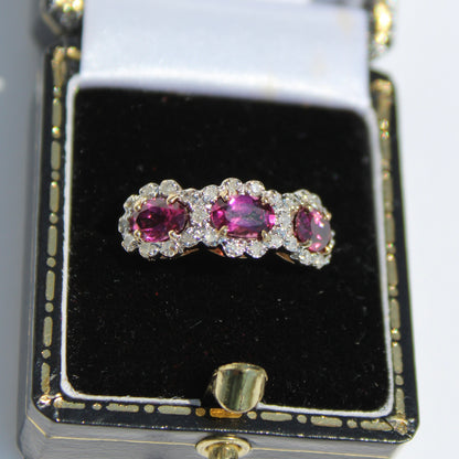 Rhodolite & Diamond Trilogy Halo Ring, 1.98 Carats 14K Two-Toned Gold