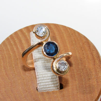 Antique Sapphire & Diamond Trilogy Ring, 1.35 Carats 18K Gold