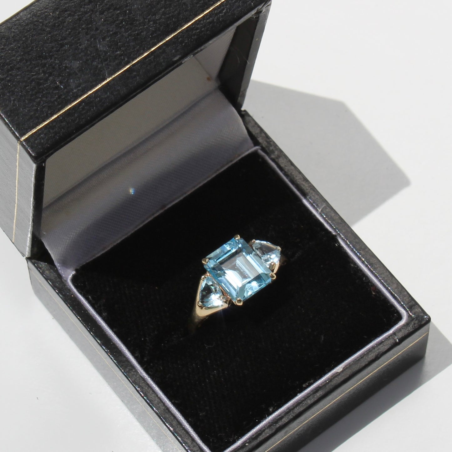 Blue Topaz & Aquamarine Trilogy Ring, 4.77 Carats 9K Gold