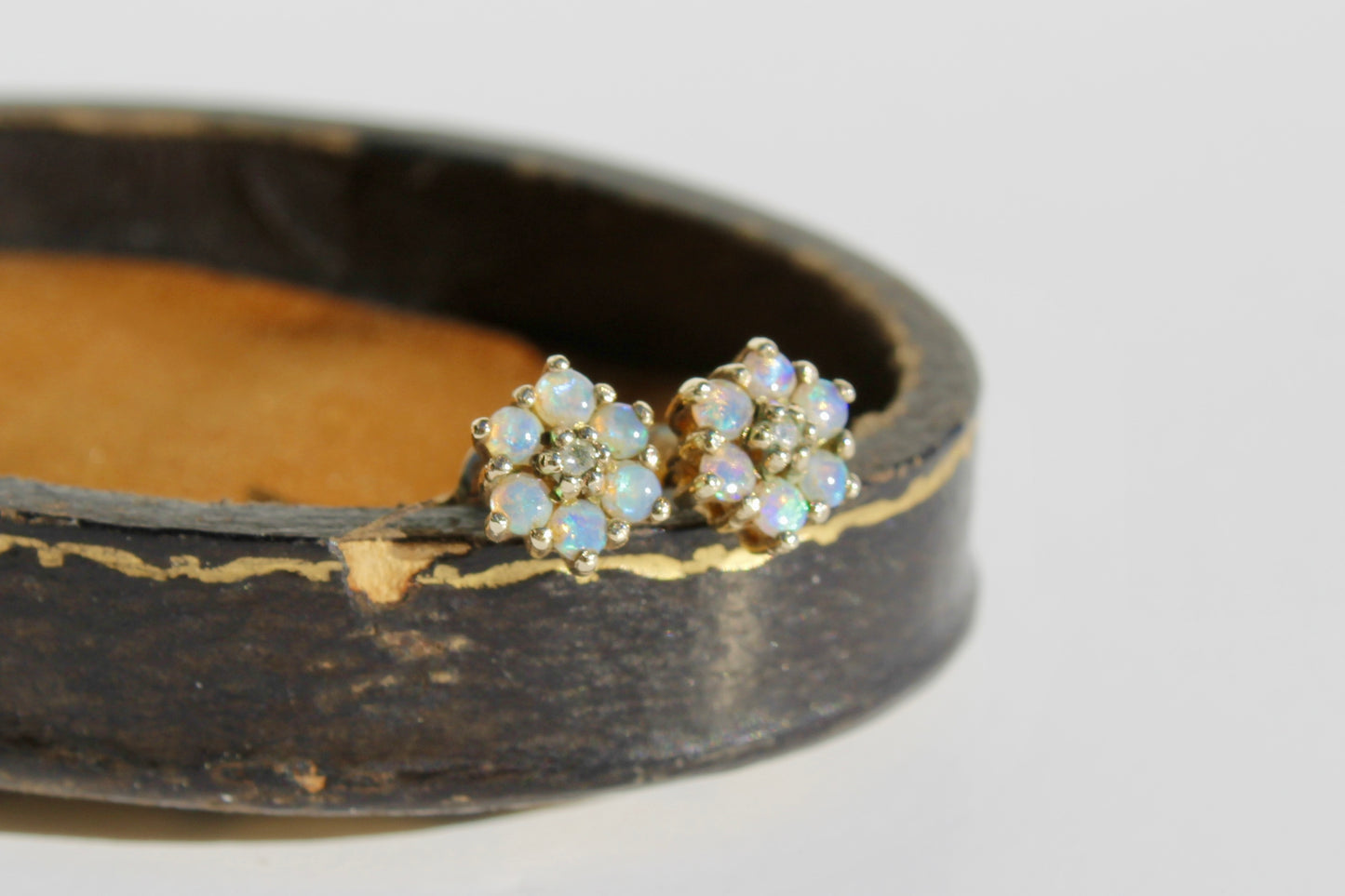 1920's Opal & Diamond Flower Earrings, 0.57 Carat 9K Gold