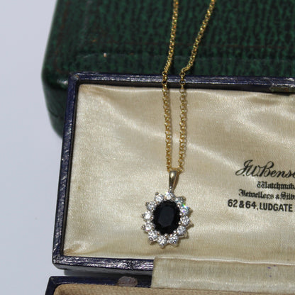 Antique Noir Sapphire & White Topaz Halo Pendant Necklace, 2.32 Carats 9K Gold