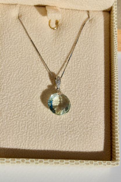 Prasiolite & Diamond Necklace, 7 Carats 14K White Gold