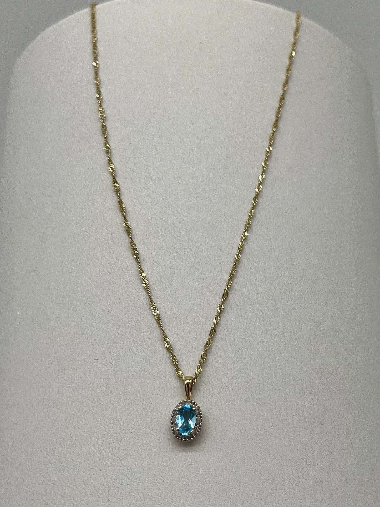 Antique Blue Topaz & Diamond Halo Necklace, 0.6 CTW 10K Gold