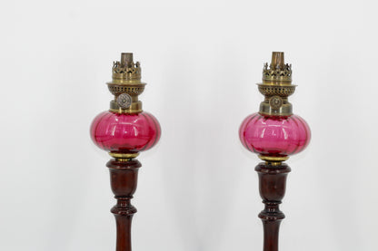 Imperial Russian Red-Font Mahogany Peg Lamp Pair
