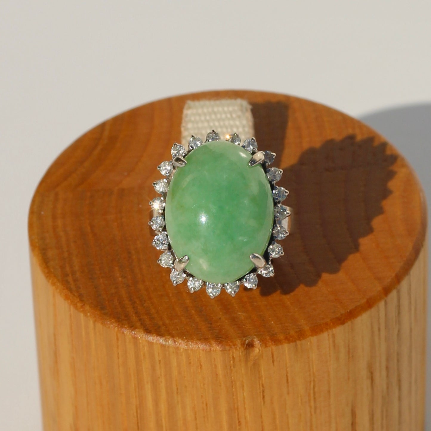 Jade Cabochon & Diamond Halo Ring, 14.13 Carats 14K Gold
