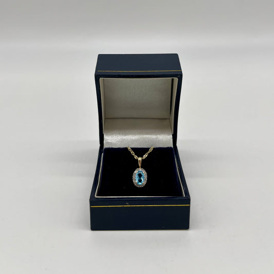 Antique Blue Topaz & Diamond Halo Necklace, 0.6 CTW 10K Gold