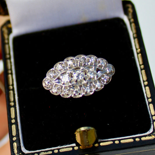 1930's East/West Diamond Cluster Ring, 1.28 Carats 14K White Gold & Platinum