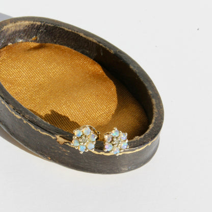 1920's Opal & Diamond Flower Earrings, 0.57 Carat 9K Gold