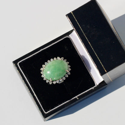 Jade Cabochon & Diamond Halo Ring, 14.13 Carats 14K Gold