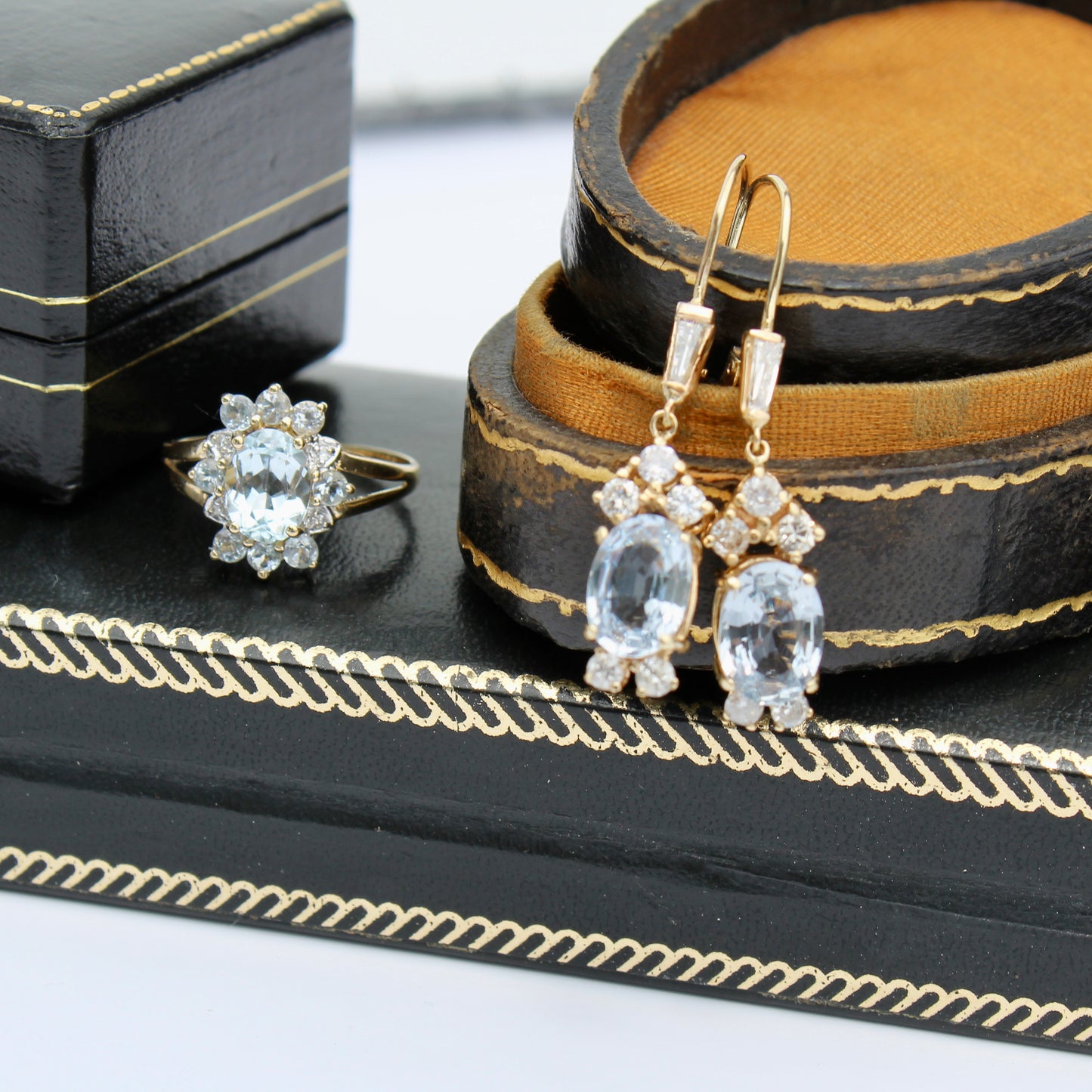 Antique Aquamarine & Diamond Set, 5.59 Carats 14K Gold