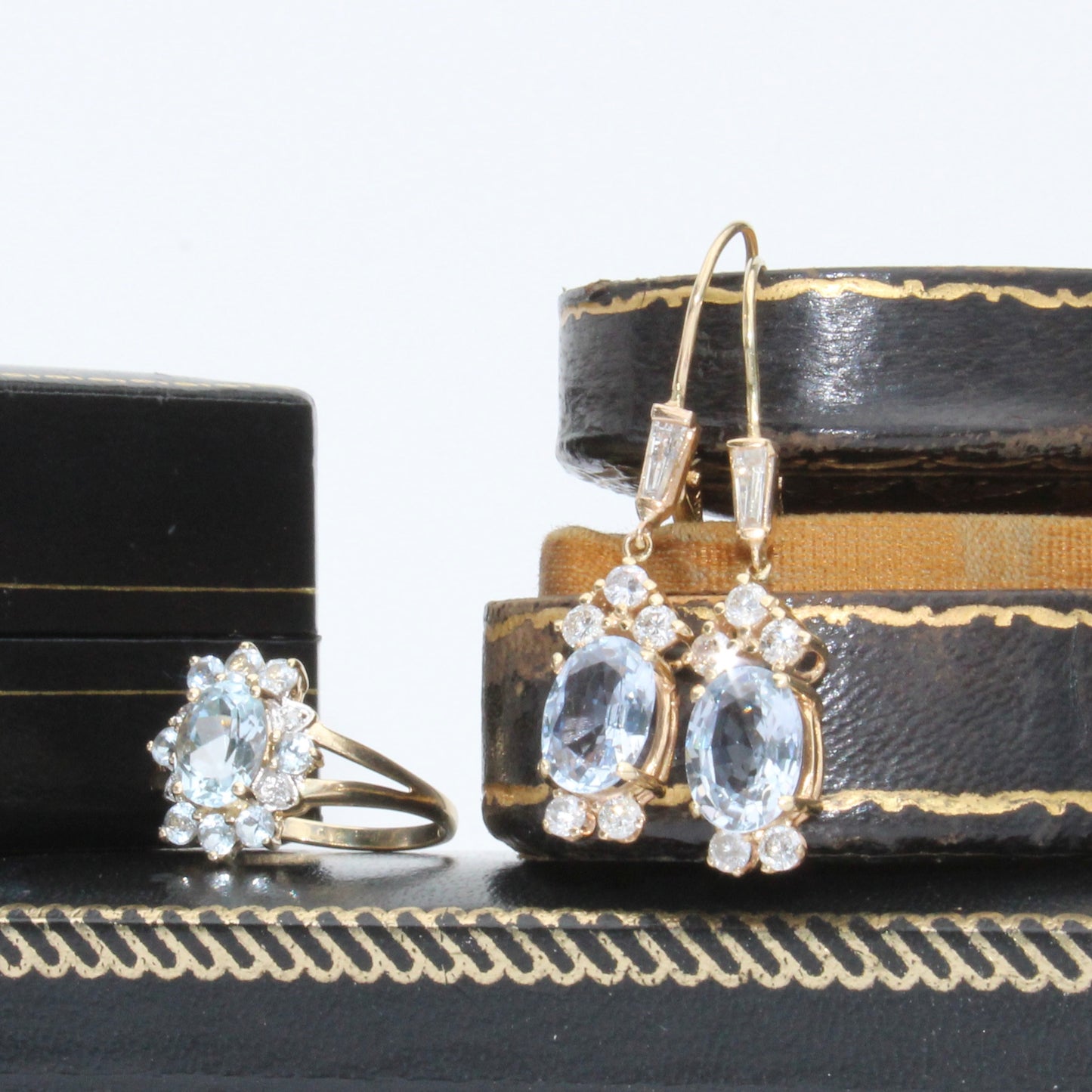 Antique Aquamarine & Diamond Set, 5.59 Carats 14K Gold