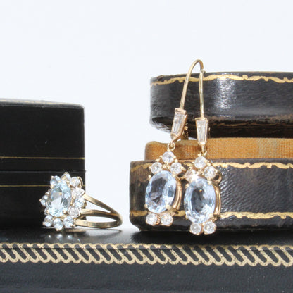 Antique Aquamarine & Diamond Set, 5.59 Carats 14K Gold