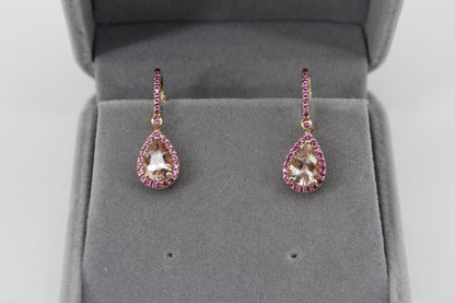Morganite & Pink Sapphire Drop Earrings, 3.9 CTW 14K Rose Gold