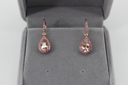 Morganite & Pink Sapphire Drop Earrings, 3.9 CTW 14K Rose Gold